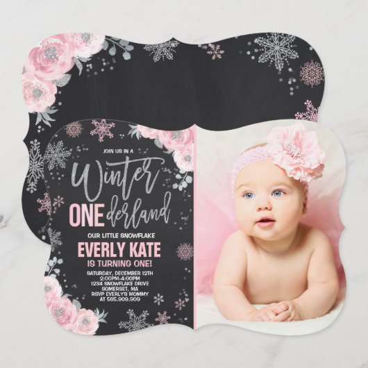 Hiver ONE derland Anniversaire Invitation Argent r (Devant / Derrière)