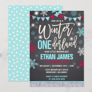 Hiver ONE derland Anniversaire Invitation Bleu et