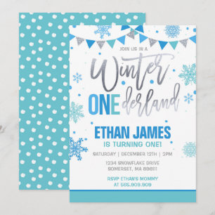 Hiver ONE derland Anniversaire Invitation Bleu et