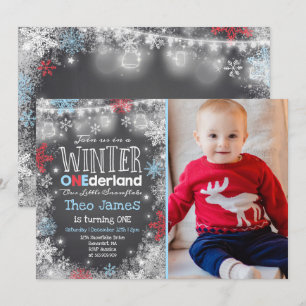 Hiver ONE derland Anniversaire Invitation Bleu Rou