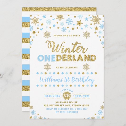 Hiver ONE derland Anniversaire Invitation Blue Gol (Devant / Derrière)