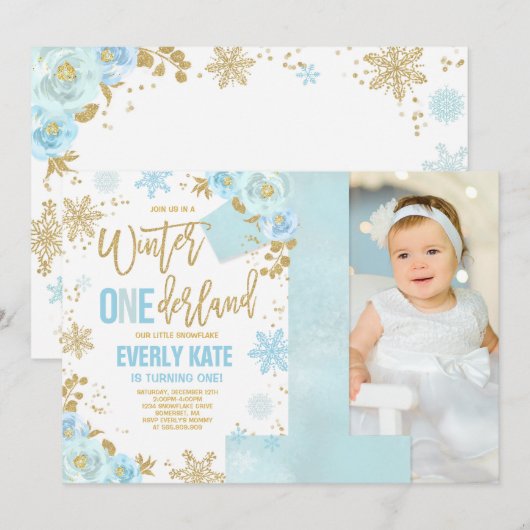Hiver ONE derland Anniversaire Invitation Blue Gol (Devant / Derrière)
