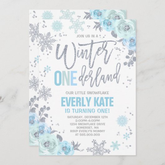 Hiver ONE derland Anniversaire Invitation Blue Sil (Devant / Derrière)