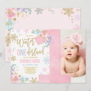 Hiver ONE derland Anniversaire Invitation Or rose