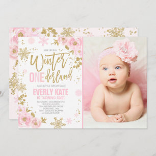 Hiver ONE derland Anniversaire Invitation Or rose