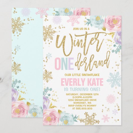 Hiver ONE derland Anniversaire Invitation Or rose (Devant / Derrière)