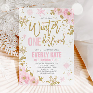 Hiver ONE derland Anniversaire Invitation Or rose
