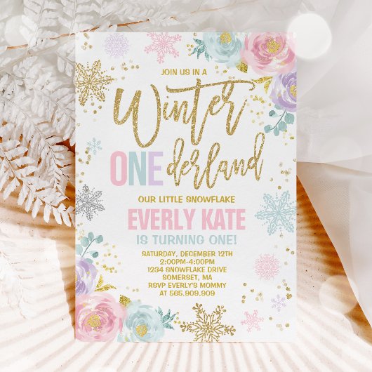 Hiver ONE derland Anniversaire Invitation Or rose