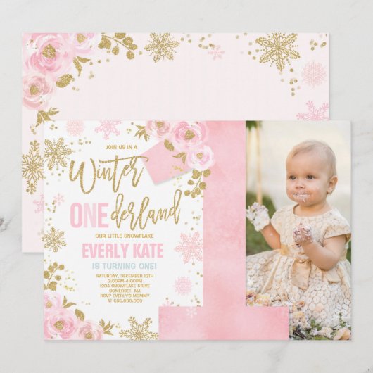 Hiver ONE derland Anniversaire Invitation Or rose (Devant / Derrière)