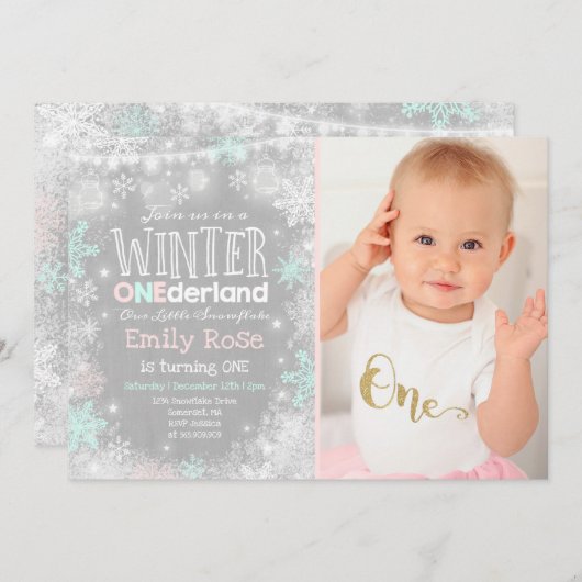 Hiver ONE derland Anniversaire Invitation Pink Min (Devant / Derrière)