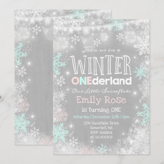 Hiver ONE derland Anniversaire Invitation Pink Min (Devant / Derrière)