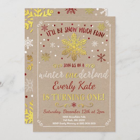Hiver ONE derland Anniversaire Invitation Rouge & (Devant / Derrière)