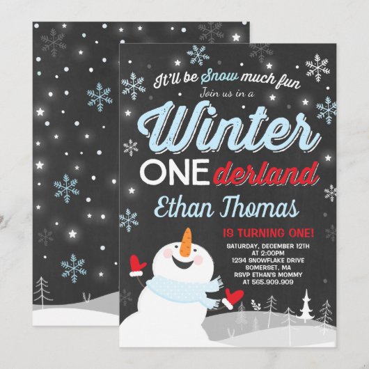 Hiver ONE derland Anniversaire Invitation Snowman  (Devant / Derrière)