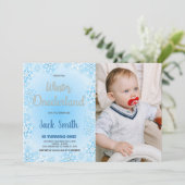Hiver ONE derland Anniversaire Invitations Bleu Ph (Debout devant)
