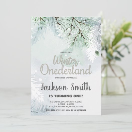 Hiver ONE derland Anniversaire Invitations Pine Gr (Debout devant)