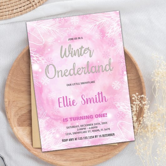 Hiver ONE derland Anniversaire Invitations Pink Gl