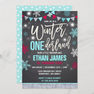 Hiver ONE derland Invitation Anniversaire Bleu et 