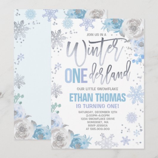 Hiver ONE derland Invitation Anniversaire Blue Sil (Devant / Derrière)