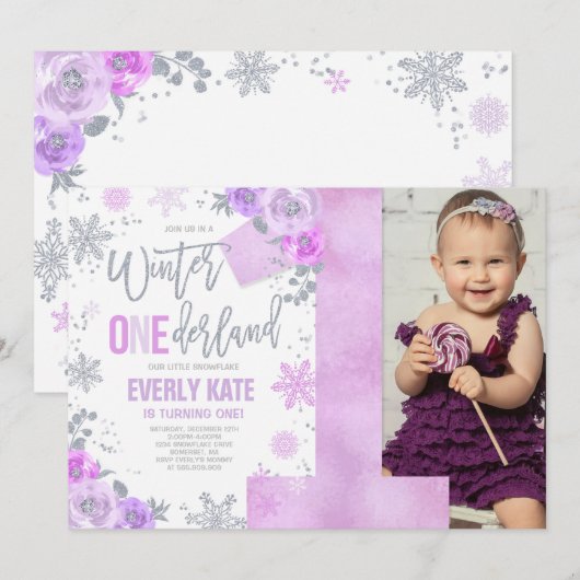 Hiver ONE derland Invitation Anniversaire Lilac Si (Devant / Derrière)
