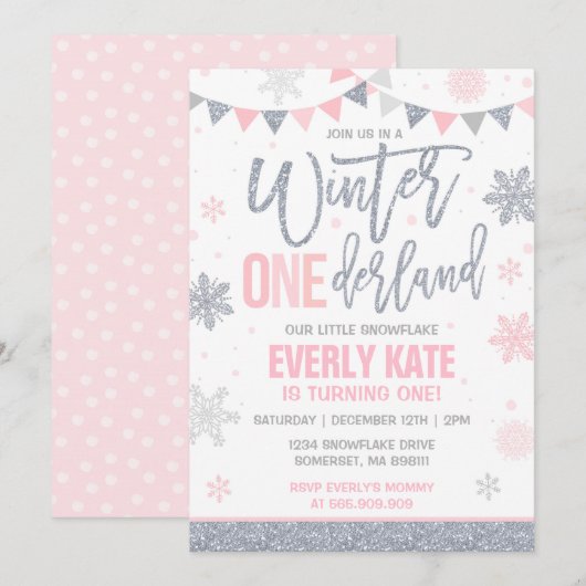 Hiver ONE derland Invitation Anniversaire Pink Sil (Devant / Derrière)