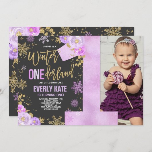 Hiver ONE derland Invitation Anniversaire Purple G (Devant / Derrière)