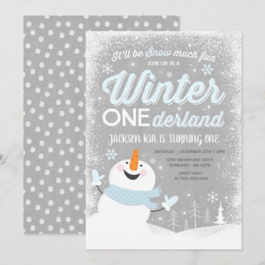 Hiver ONE derland Invitation Anniversaire Snowman (Devant / Derrière)