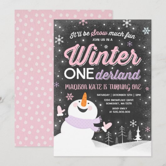 Hiver ONE derland Invitation Anniversaire Snowman (Devant / Derrière)