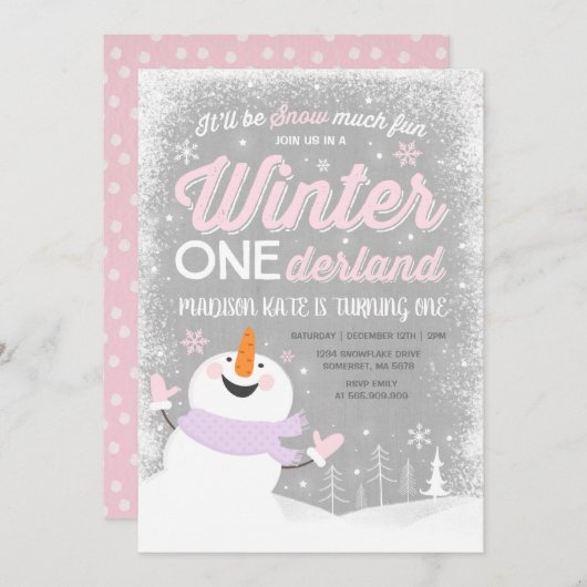 Hiver ONE derland Invitation Anniversaire Snowman  (Devant / Derrière)