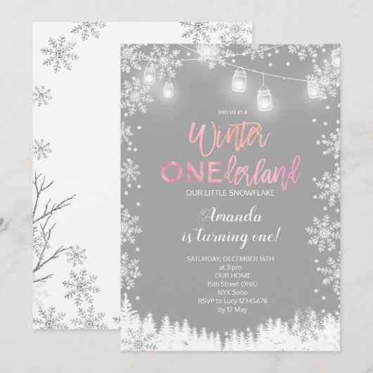 Hiver ONE derland Neige Anniversaire Invitation RO (Devant / Derrière)