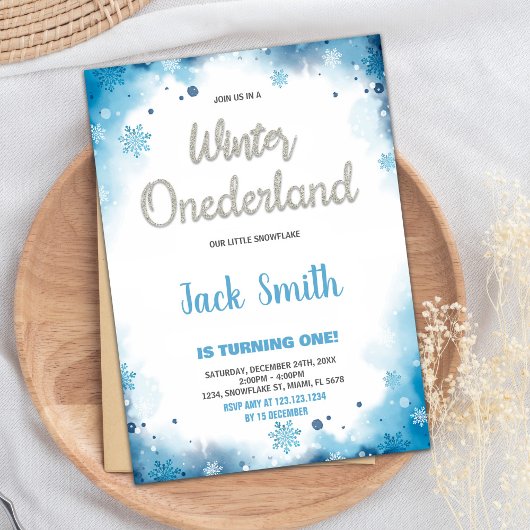 hiver onederland 1er anniversaire invitations Bleu