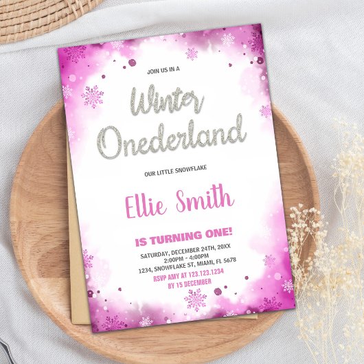 hiver onederland 1er anniversaire invitations Pink