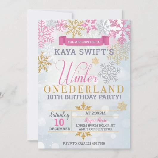 Hiver Onederland Anniversaire Invitation Or et ros (Devant)