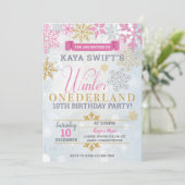 Hiver Onederland Anniversaire Invitation Or et ros (Debout devant)