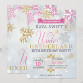 Hiver Onederland Anniversaire Invitation Or et ros (Devant / Derrière)