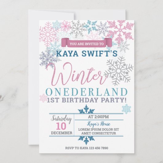 Hiver Onederland Anniversaire Invitation rose et b (Devant)