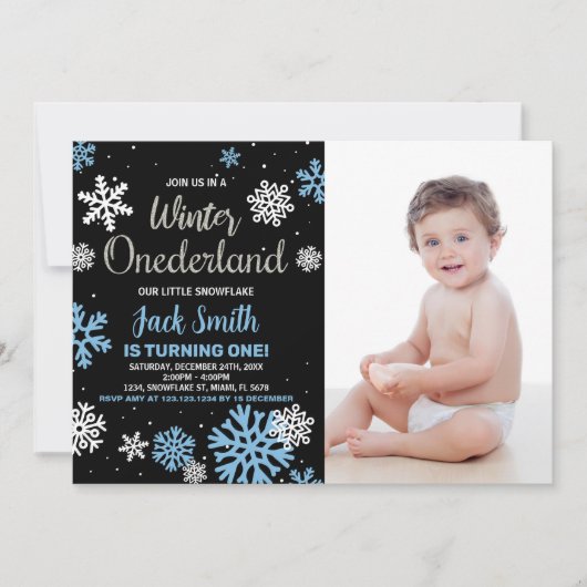 Hiver Onederland Anniversaire Invitations Black Ph (Devant)