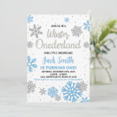 Hiver Onederland Anniversaire Invitations Bleu Bla (Debout devant)