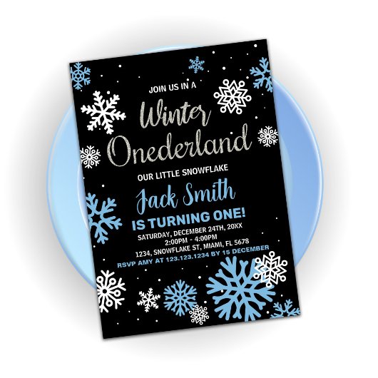 Hiver Onederland Anniversaire Invitations Bleu Noi