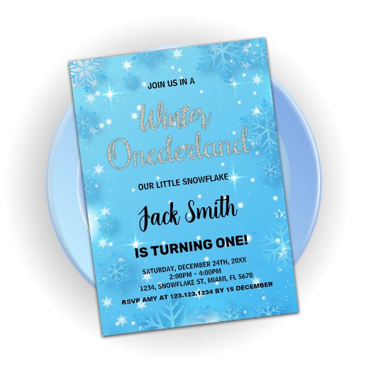 Hiver Onederland Anniversaire Invitations Blue Sil