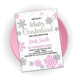 Hiver Onederland Anniversaire Invitations Rose Bla
