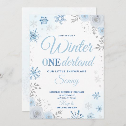 Hiver ONEderland Blue Snowflake 1ère Invitation (Devant / Derrière)