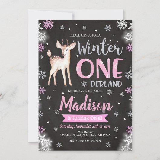 Hiver ONEderland Deer 1er Anniversaire Invitation (Devant)