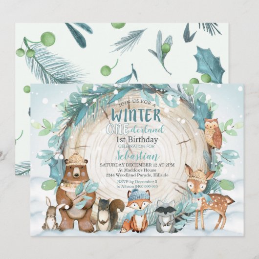 Hiver Onederland Invitation Boy Woodland (Devant / Derrière)