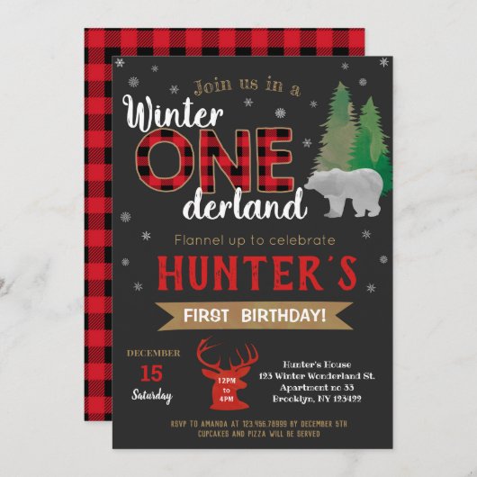 Hiver Onederland Lumberjack Invitations d'annivers (Devant / Derrière)
