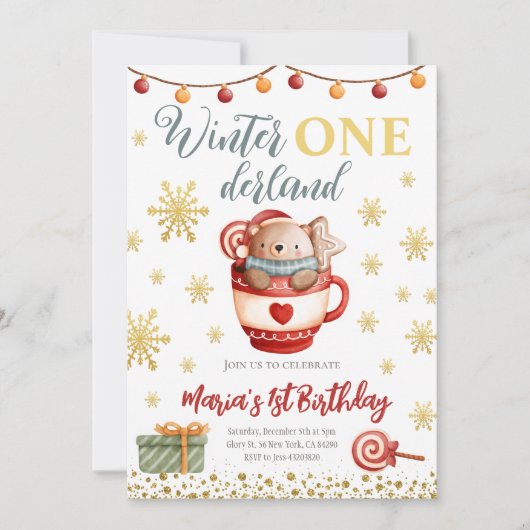 Hiver Onederland Ours Anniversaire Invitation (Devant)