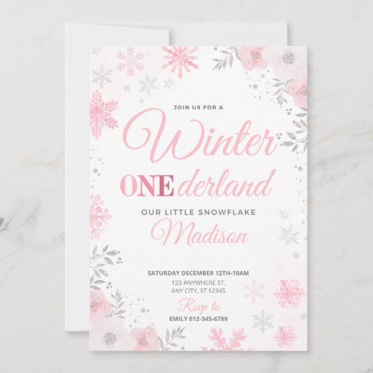 Hiver ONEderland Pink Snowflake 1ère Invitation (Devant)