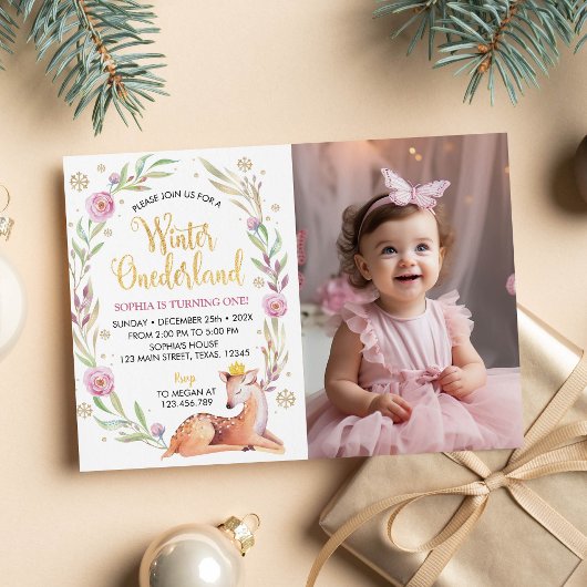Hiver Onederland Reindeer Anniversaire Invitation