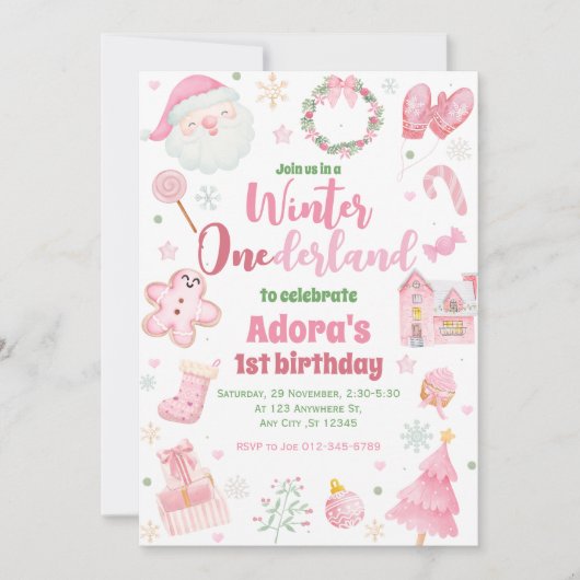 Hiver ONEderland rose Noël Invitation d'anniversai (Devant)