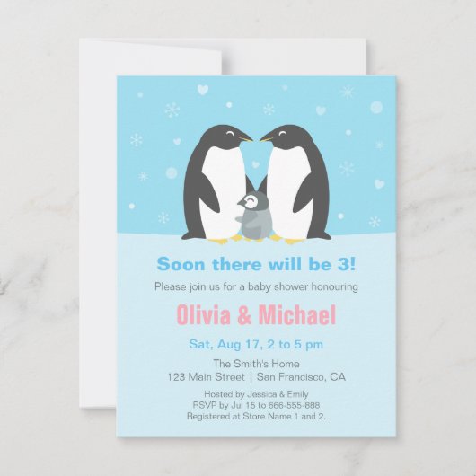 Hiver Penguin Famille Bébé Douche Invitations (Devant)