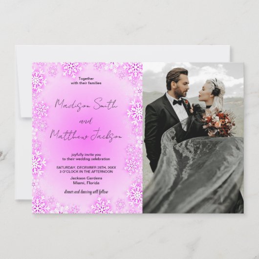 Hiver Pink Neige Mariage Invitations avec photo (Devant)